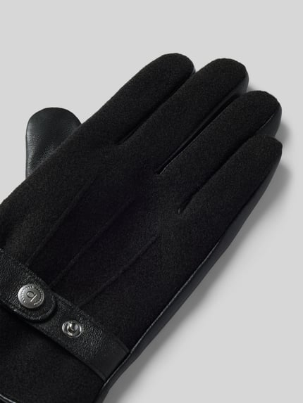 Productfoto, zwarte handschoenen uit viscosemix met leren details, drukknoopsluiting en Trensje, Heren vingerhandschoenen van bugatti