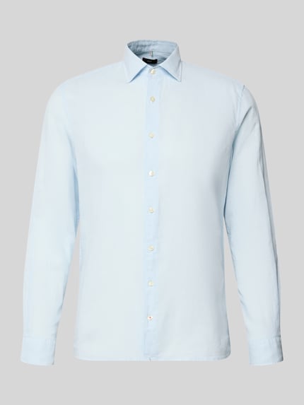 Produktfoto, Slim Fit Freizeithemd aus Leinen-Mix Modell 'Steven' von CINQUE, hellblau, Kentkragen, langärmelig, Knopfleiste, glatte Struktur, Rückenlänge 68 cm, Schulterbreite 42 cm, Ärmellänge 65 cm, Baumwoll-Leinen-Mix