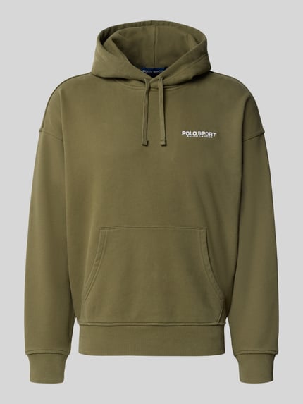 Produktfoto, olivgrüner Regular Fit Hoodie aus Baumwoll-Mix von Polo Ralph Lauren mit Kängurutasche und Logo-Print auf glatter Oberfläche.