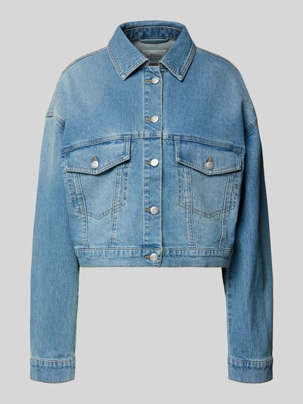 Produktfoto, blaue Relaxed Fit Jeansjacke aus Baumwoll-Mix, strukturierte Oberfläche, silberfarbene Knöpfe, Relaxed Fit Jeansjacke aus Baumwoll-Mix - s.Oliver x Heidi Klum von s.Oliver RED LABEL