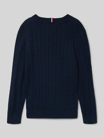 Productfoto, Regular Fit Pullover aus reiner Baumwolle van Tommy Hilfiger Teens in effen donkerblauw, kabelpatroon, gebreid katoen, logo-stitching, ronde hals, lange mouwen, geribde boorden