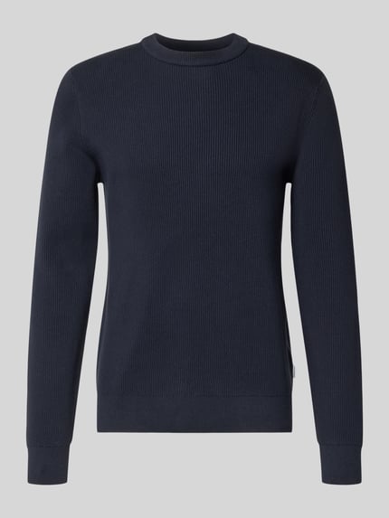 Produktfoto, Relaxed Fit Strickpullover mit Rundhalsausschnitt von Lindbergh, navy, Baumwoll-Mix, Ripp-Optik, schlichte Struktur.
