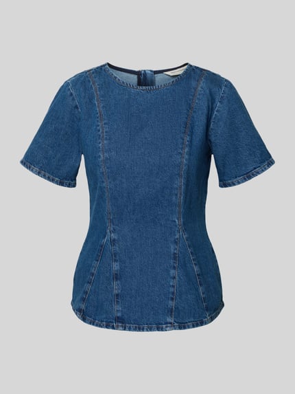 Produktfoto, Jeansshirt mit Rundhalsausschnitt Modell 'Turige Alena' von MSCH Copenhagen aus reiner Baumwolle, Slim Fit, mittelblau, sichtbare Nähte, kurze Ärmel, glatte Denimstruktur