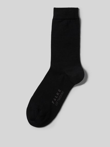 Produktfoto, czarne Socken mit Label-Schriftzug Modell 'SOFTMERINO' von FALKE z elastycznym ściągaczem, mieszanka wełny i bawełny, jednolita faktura