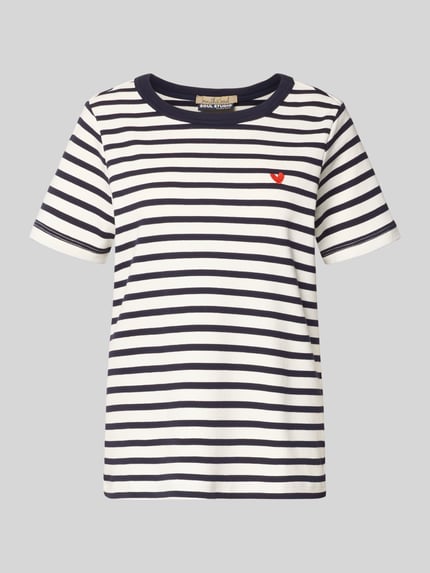 Productfoto, T-Shirt met ronde hals en stitching van Smith and Soul, katoen, regular fit, strepen in zwart-wit, rood detail, damesshirt