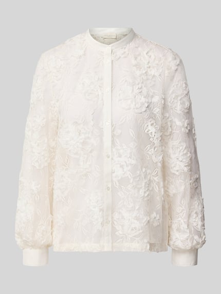 Produktfoto, Regular Fit Bluse aus Spitze von Milano Italy in Weiß, florale Muster, Stehkragen, Knopfleiste, strukturierte Textur