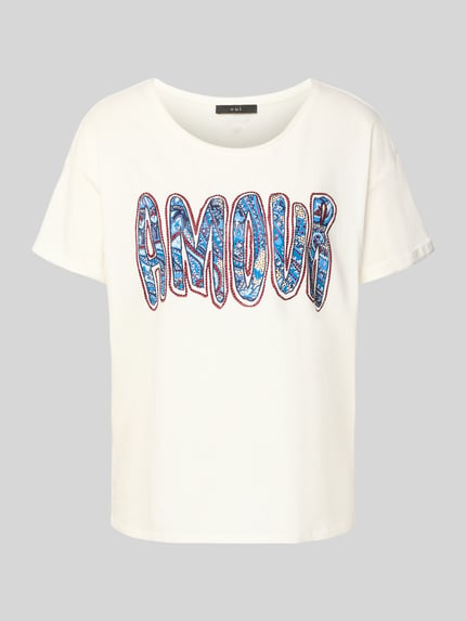 Produktfoto, T-Shirt mit Strasssteinbesatz von Oui aus Reine Baumwolle, Gerader-Schnitt, U-Ausschnitt, Rückenlänge 60 cm, Damen T-Shirt