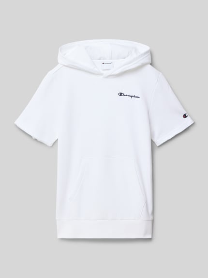 Produktfoto, Regular Fit T-Shirt mit Kapuze van CHAMPION voor kinderen, katoenmix, wit, logo-stiksel, kangoeroezak, elastische zoom, ruglengte maat 140: 50 cm