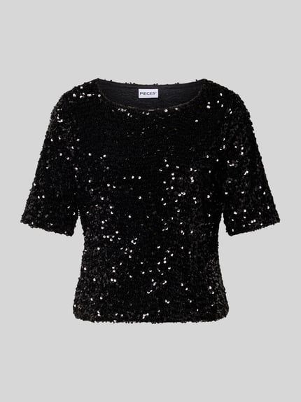 Produktfoto, Blusentop mit Allover-Pailletten von PIECES in Schwarz, runder Ausschnitt, kurze Ärmel, glänzende Oberfläche, abgerundeter Saum