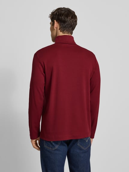 Männermodel trägt Regular Fit Rollkragenpullover aus Baumwoll-Mix van Tom Tailor in effen bordeauxrood, lange mouwen, logo-print, Ganzkörperansicht Rückansicht.