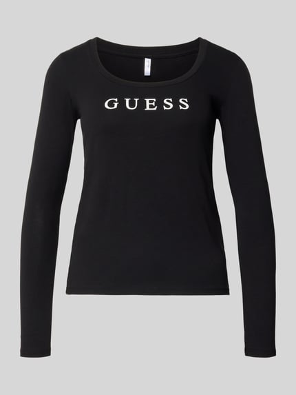 Produktfoto, zwart shirt met lange mouwen van elastische katoenmix, slim fit, labeldetail voorop, ronde hals, Slim Fit Longsleeve aus elastischem Baumwoll-Mix van GUESS, Dames