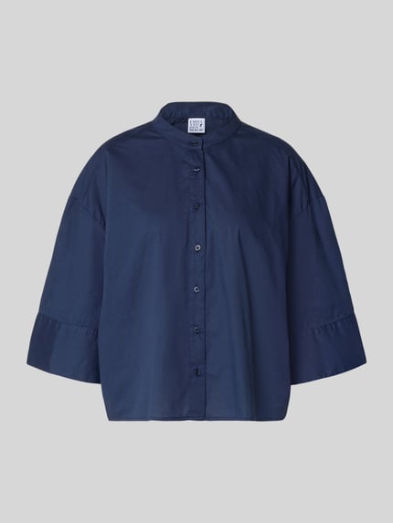 Produktfoto, Boxy Fit Bluse mit Stehkragen und 3/4-Arm von Emily Van den Bergh in Dunkelblau, Reine Baumwolle, Knopfleiste, strukturierte Oberfläche
