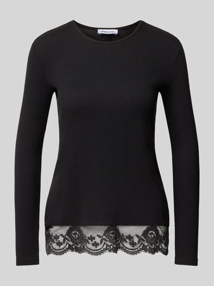 Produktfoto, Longsleeve in Ripp-Optik mit Spitze von MORE, mieszanka bawełny i elastanu, krój regular fit, efekt prążkowania, koronka, okrągły dekolt, długość tyłu w rozmiarze 36: 53 cm