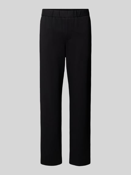 Produktfoto, schwarze Herren Hose von JACK & JONES, Straight Fit aus Viskose-Mix Modell 'Karl', elastischer Bund, glatte Textur, schlichte Form, Bundweite 41 cm, Innenbeinlänge 79 cm