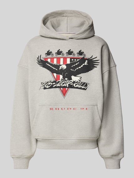 Produktfoto, Oversized Hoodie aus Baumwoll-Mix von RHUDE, szary, nadruk z logo, kieszeń kangurka, prążkowane wykończenia, Długość tyłu w rozmiarze M: 64 cm, krój oversized, mieszanka bawełny