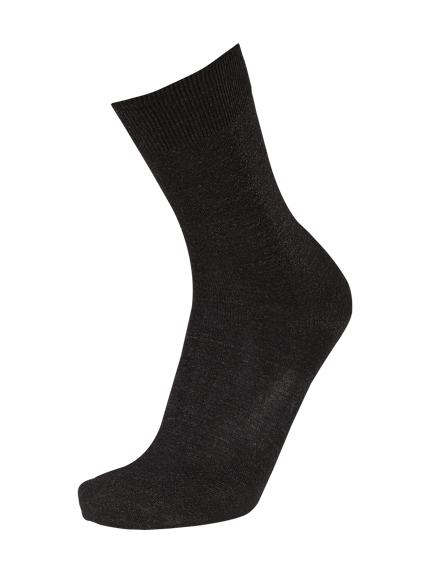 Produktfoto, Socken mit geripptem Abschluss von Falke, dunkles Grau, feine Struktur, Schurwoll-Baumwoll-Mix, körpernah, Stretch-Anteil