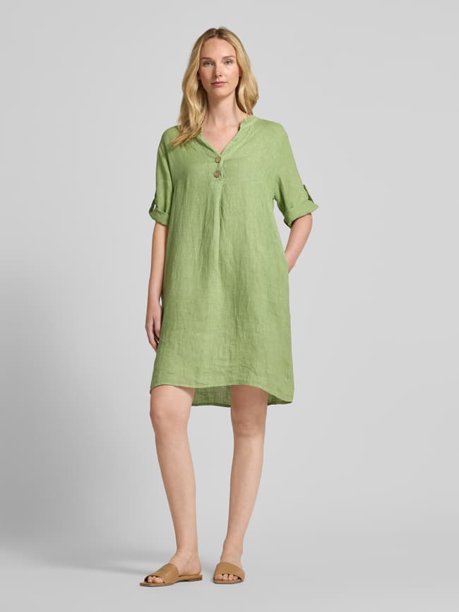ZABAIONE Knielange linnen jurk met V-hals in lichtgroen online
