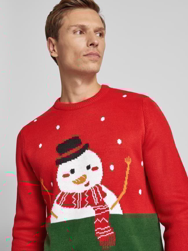 Only Sons Weihnachtspullover mit gerippten Abschlüssen Modell 'XMAS' Rot