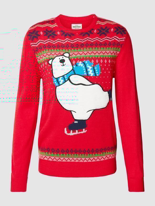 Montego Weihnachtspullover mit Motiv und Rundhalsausschnitt (rot