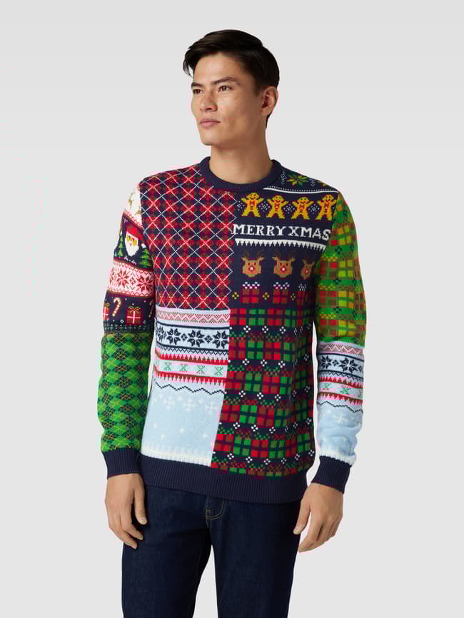 Montego Weihnachtspullover mit Allover-Muster Marine