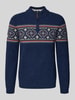 RAGMAN Sweter z mieszanki wełny z norweskim wzorem i kołnierzem zapinanym Granatowy