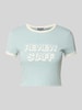 Review Kort T-shirt met labelprint Bleu