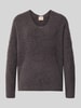 MOS MOSH Sweter z dzianiny z mieszanka wełny z dekolt w serek model 'THORA' Ciemnobrązowy