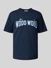 Wood Wood T-shirt met label- en motiefprint, model 'Bobby' Donkerblauw