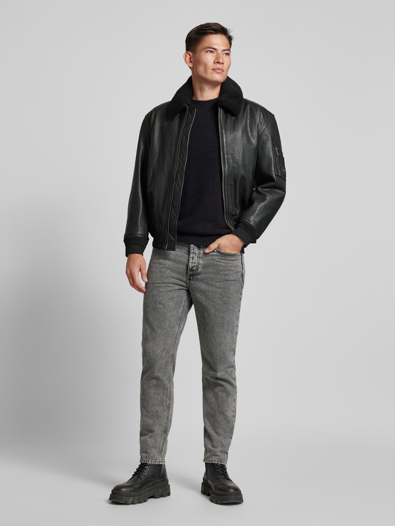 BOSS Orange Straight Fit Lederjacke mit abnehmbarem Lammfellkragen