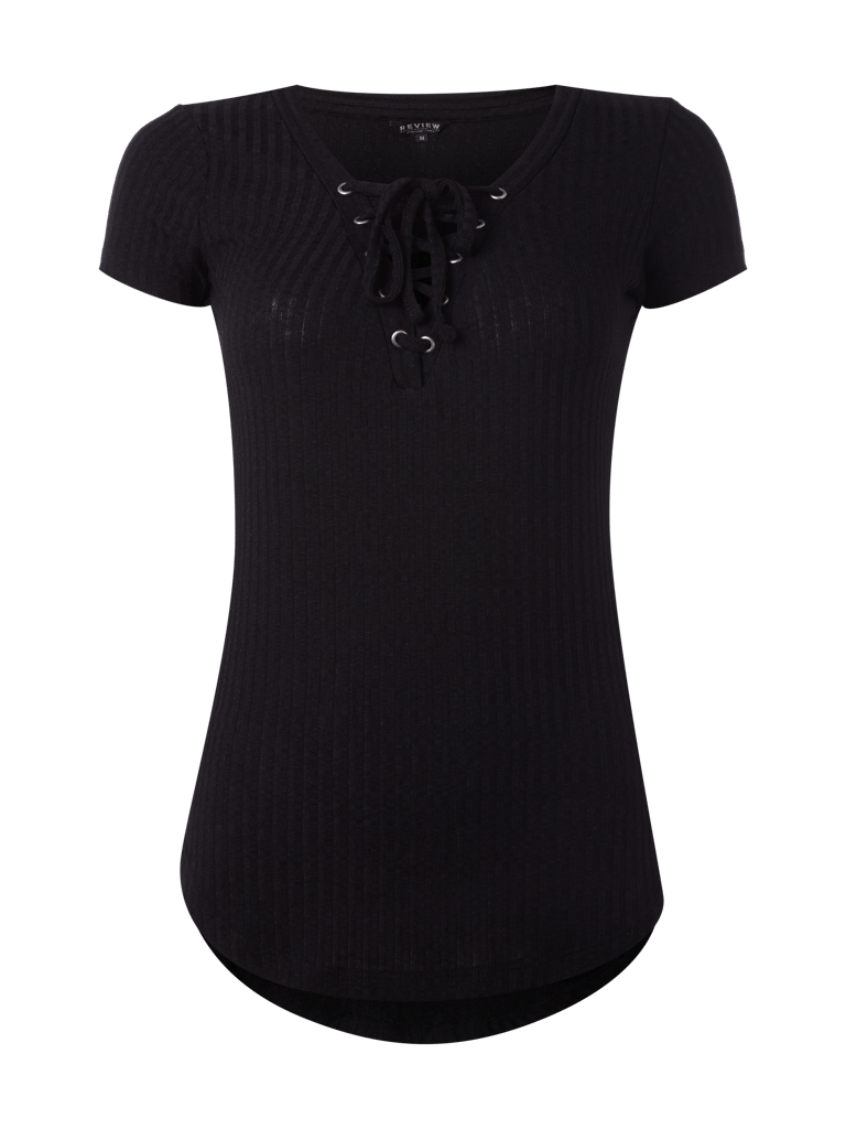 Black Premium Herren T-Shirt Mit Schnürung - Rock Style V-Ausschnitt Shirt