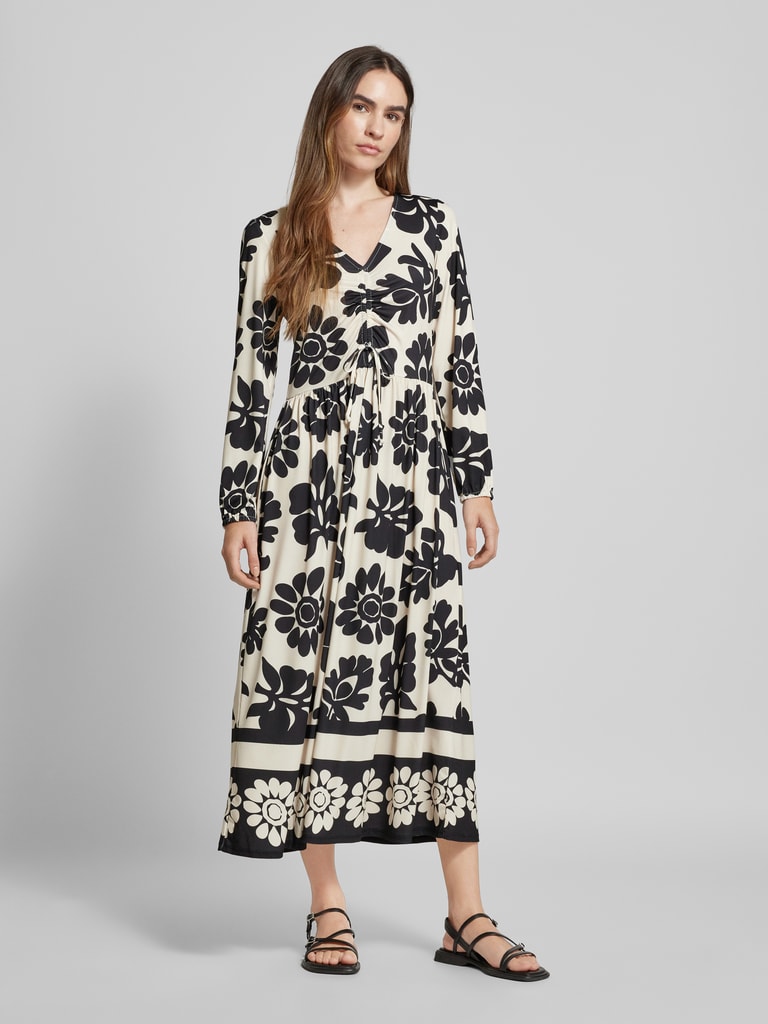 Damen-Midikleid Mit V-Ausschnitt & Schößchen | Jacquard-Stoff, 3/4-Ärmel, Für Büro & Festliche Anlässe