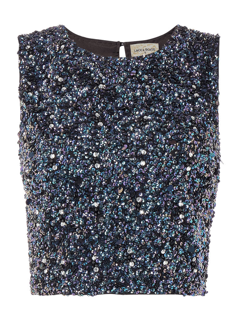 LACE & BEADS CropTop aus Mesh mit Pailletten (black) online kaufen
