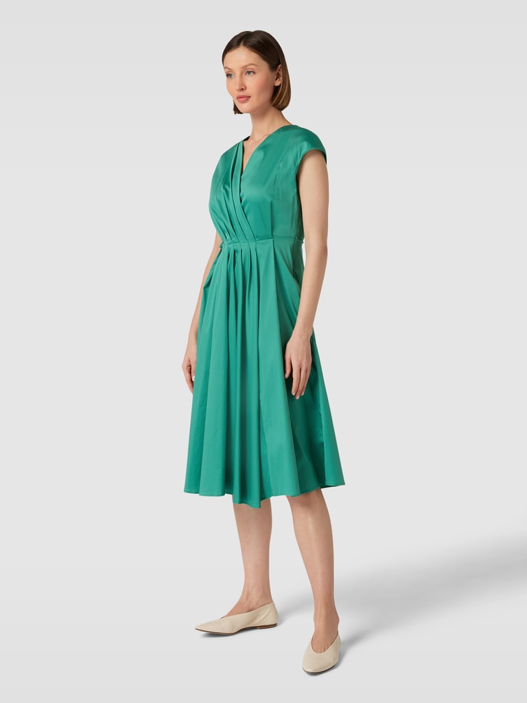 Damen-Midikleid Mit V-Ausschnitt & Schößchen | Jacquard-Stoff, 3/4-Ärmel, Für Büro & Festliche Anlässe