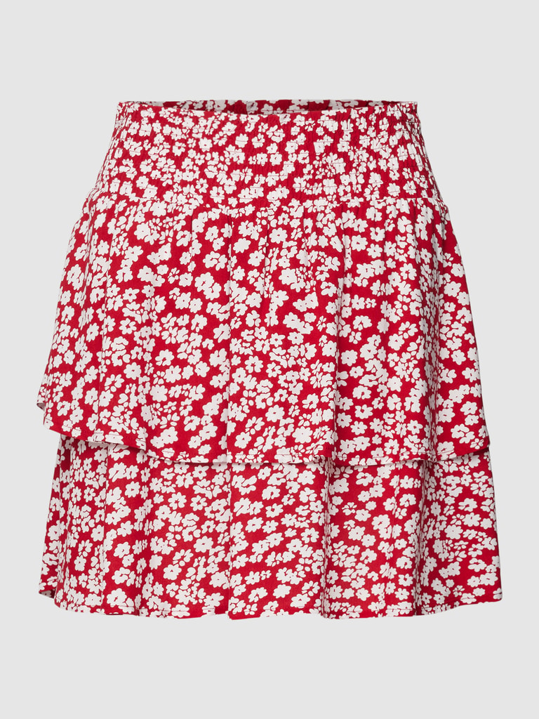 Kurzer Damen-Minirock mit floralem Knotenmuster und Rüschenbesatz – Feminin, sommerlich, kurz