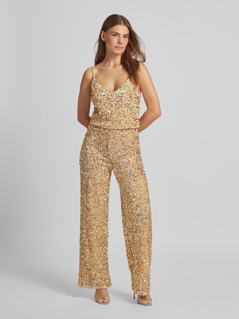 Allegra K Jumpsuit met pailletten, dames, V-hals, mouwloos, tuinbroek, hemdje, jumpsuit met spaghettibandjes, avondkleding, clubwear, Felroze, S