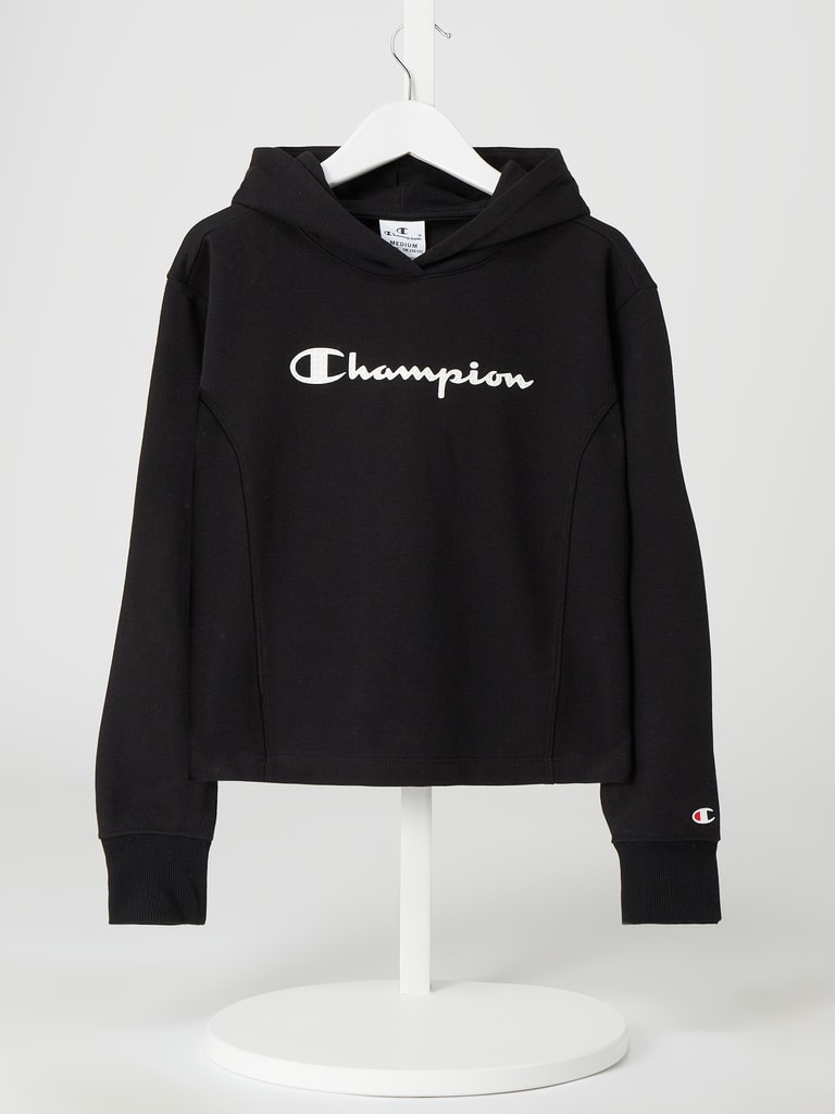 Black champion hoodie white logo online