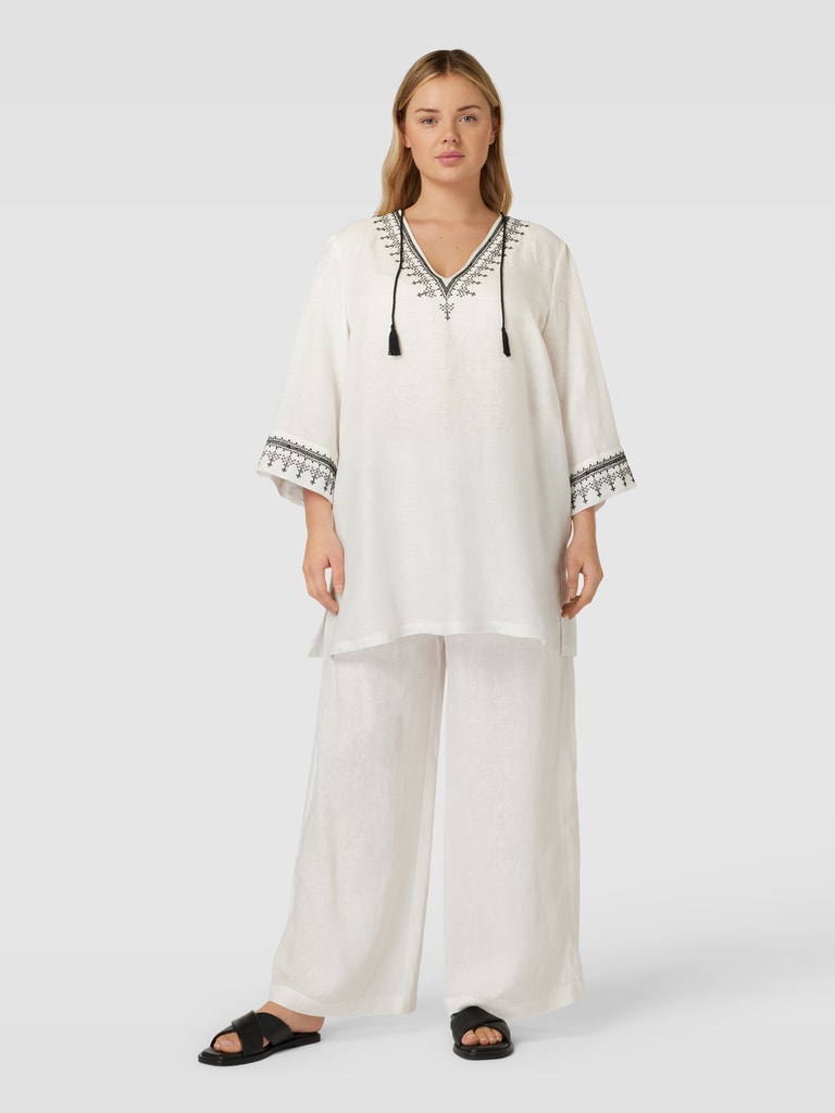 TANMESSO Damenhemd V-Ausschnitt - Baumwolle Leinen Mix Mit Roll-Up Ärmeln