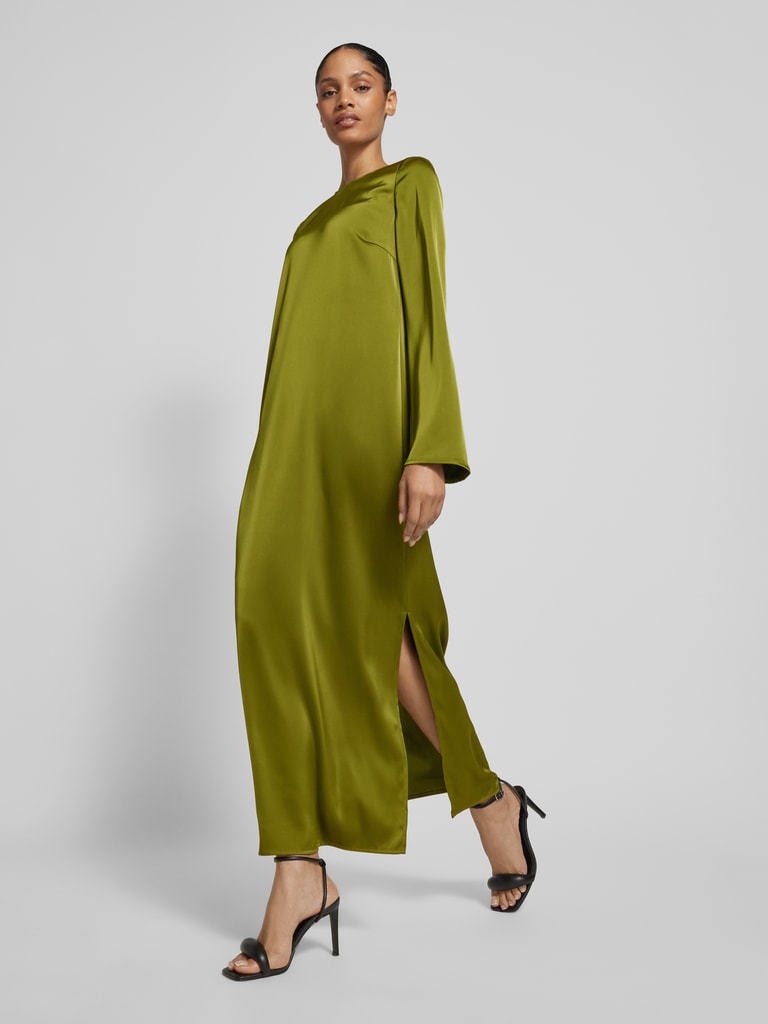 Elegante Satijnen Jurk Met Hoge Hals Groen En Bloemenprint main image 1