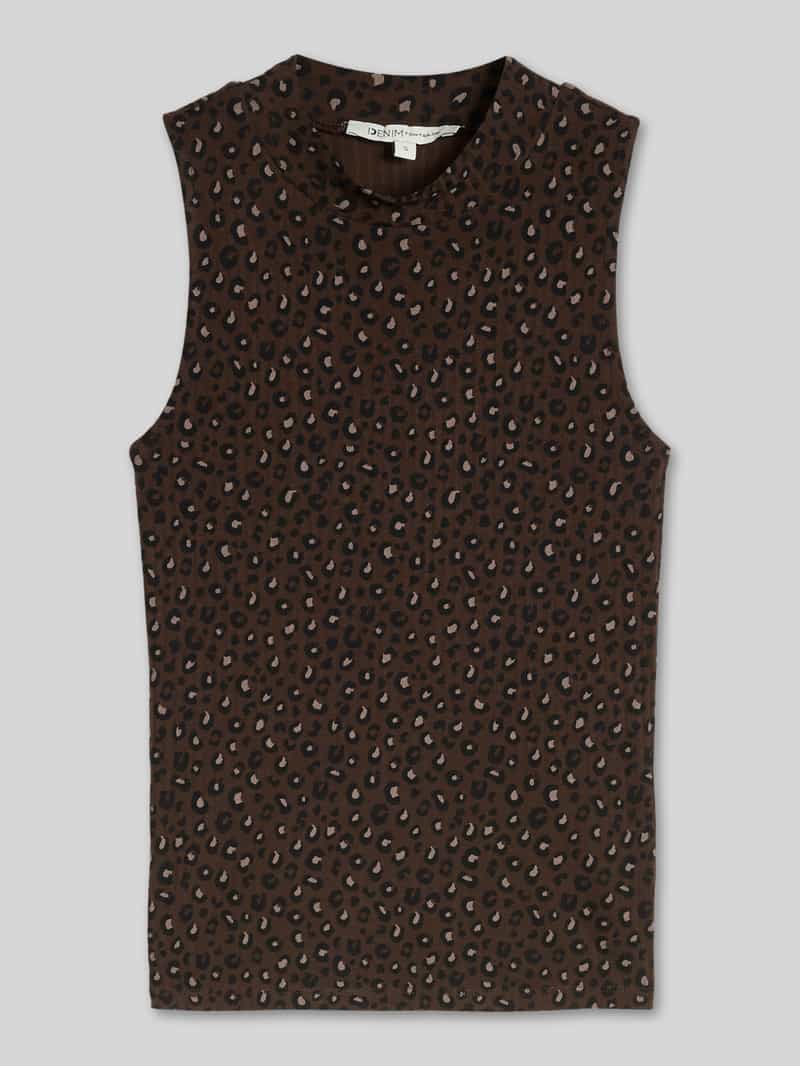 Tom Tailor Denim - Slim fit top met opstaande kraag - Maat XL - brown black leo print