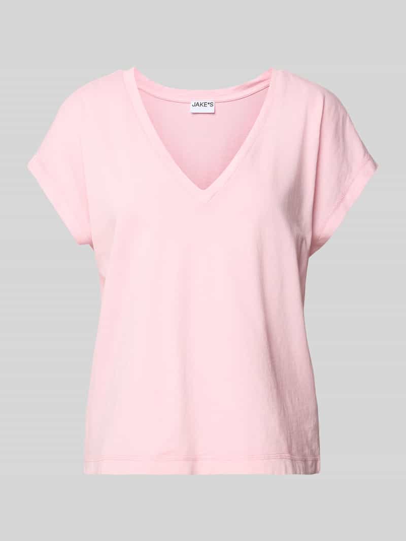 T-shirt met geribde V-hals