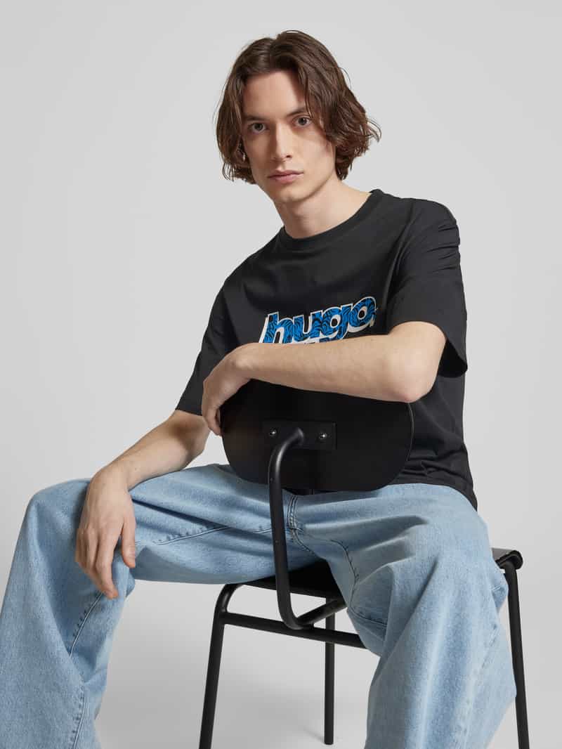 Hugo Blue T-shirt met labelprint model 'Nugibol'