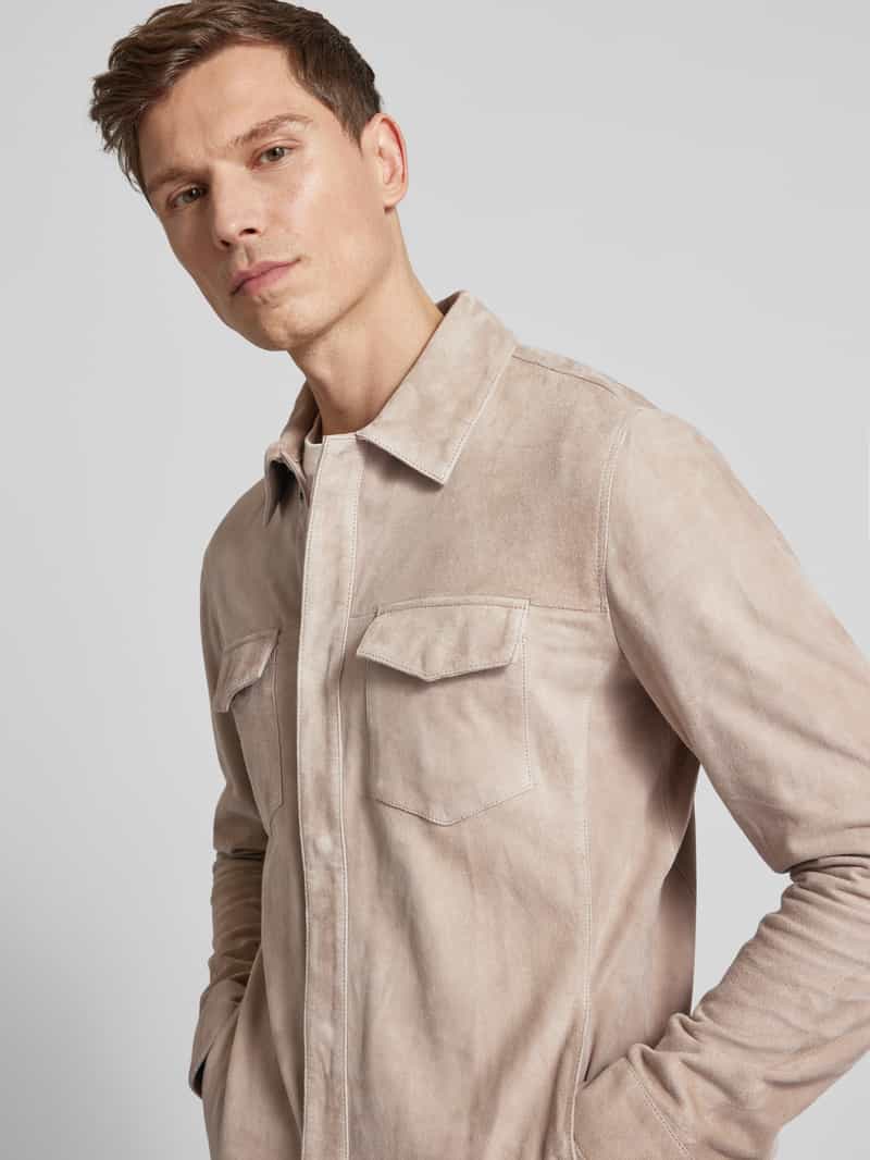 Profuomo Slim fit leren overhemd met klepzakken op de borst