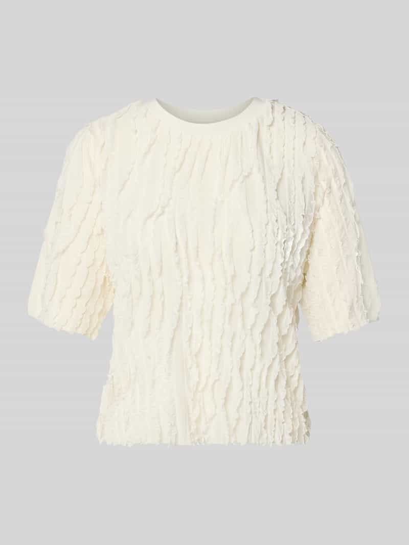 Jake*s Collection T-Shirt mit Rüschenbesatz und Rundhalsausschnitt in Ecru, Größe S 2101734S