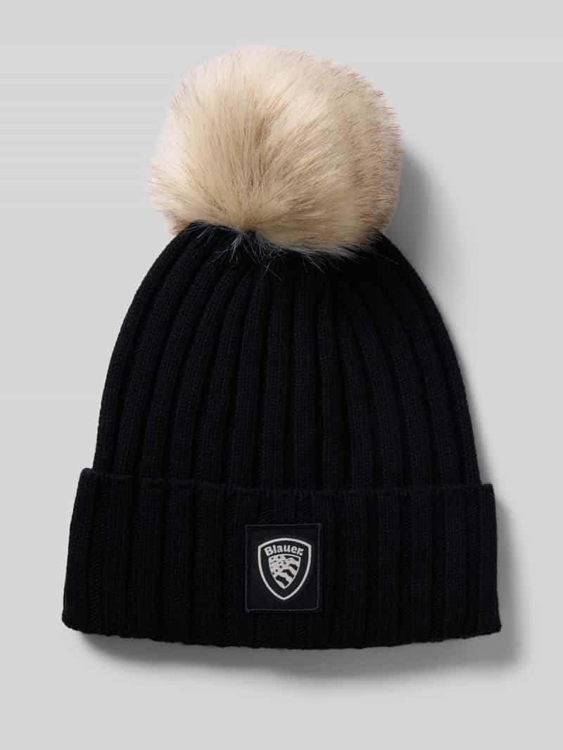 Blauer Usa Gebreide muts met pompon en labeldetail
