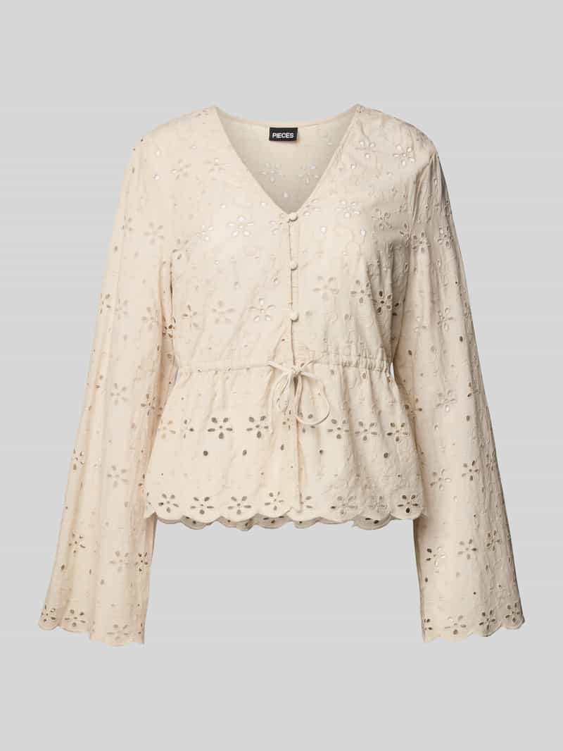 Pieces Regular fit blouse met lange mouwen en broderie anglaise model 'ARMORINE'