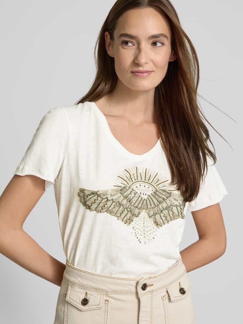 MOS MOSH T-shirt met geribde V-hals model 'Nadine'