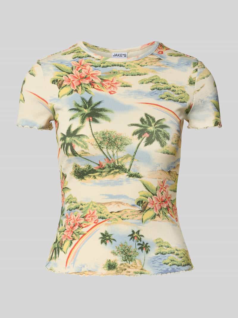 T-shirt in riblook met golvende zoom