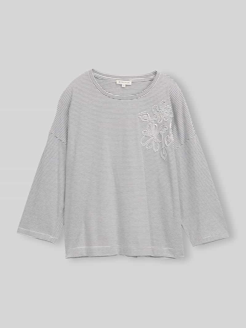 Tom Tailor - T-shirt met losse pasvorm en bloemenapplicatie - Maat XL - small white navy stripe