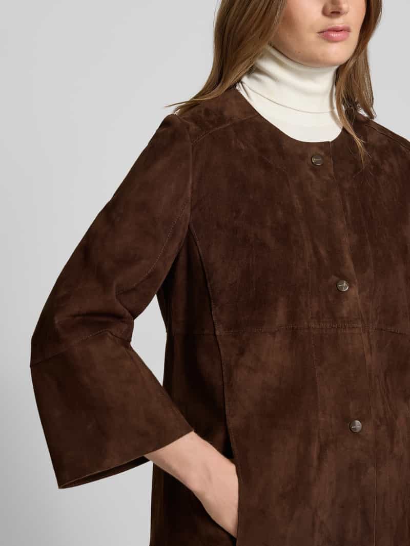 Marc Cain Regular fit lange leren jas met ronde hals model 'COLLECTIONS B'
