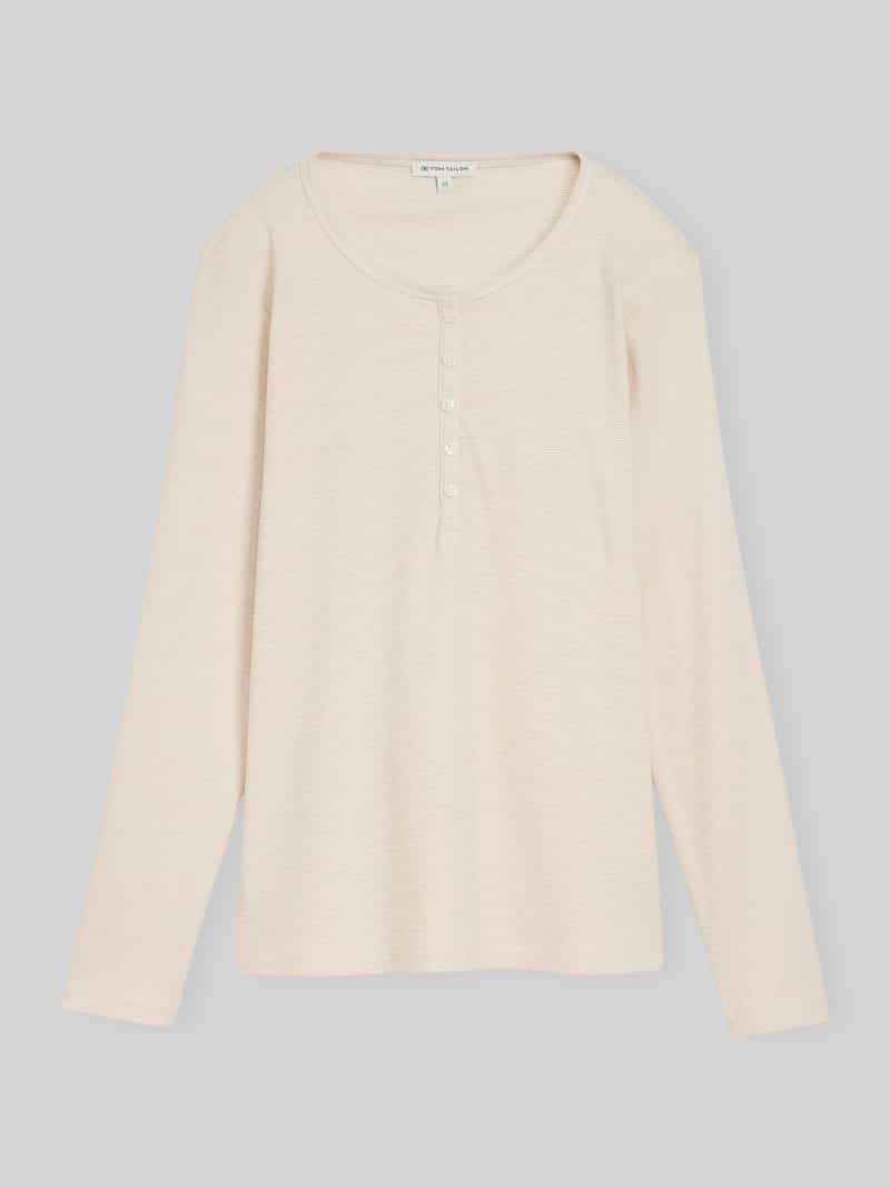 Tom Tailor - Henley-shirt met lange mouwen en geribde structuur - Maat XXL - white gravel beige stripe
